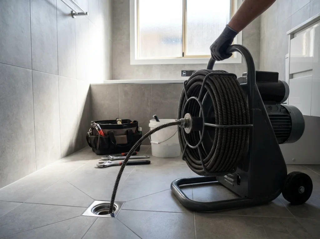 Drum drain cleaning machine feeding its cable into a chrome floor drain in a tiled Portland bathroom