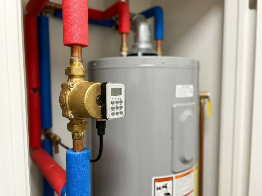 Brass hot water recirculation pump with timer mounted on copper pipes
