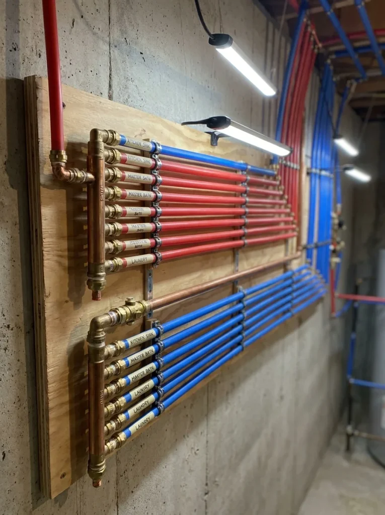 Neatly labeled PEX manifold system installed during a whole-house repipe