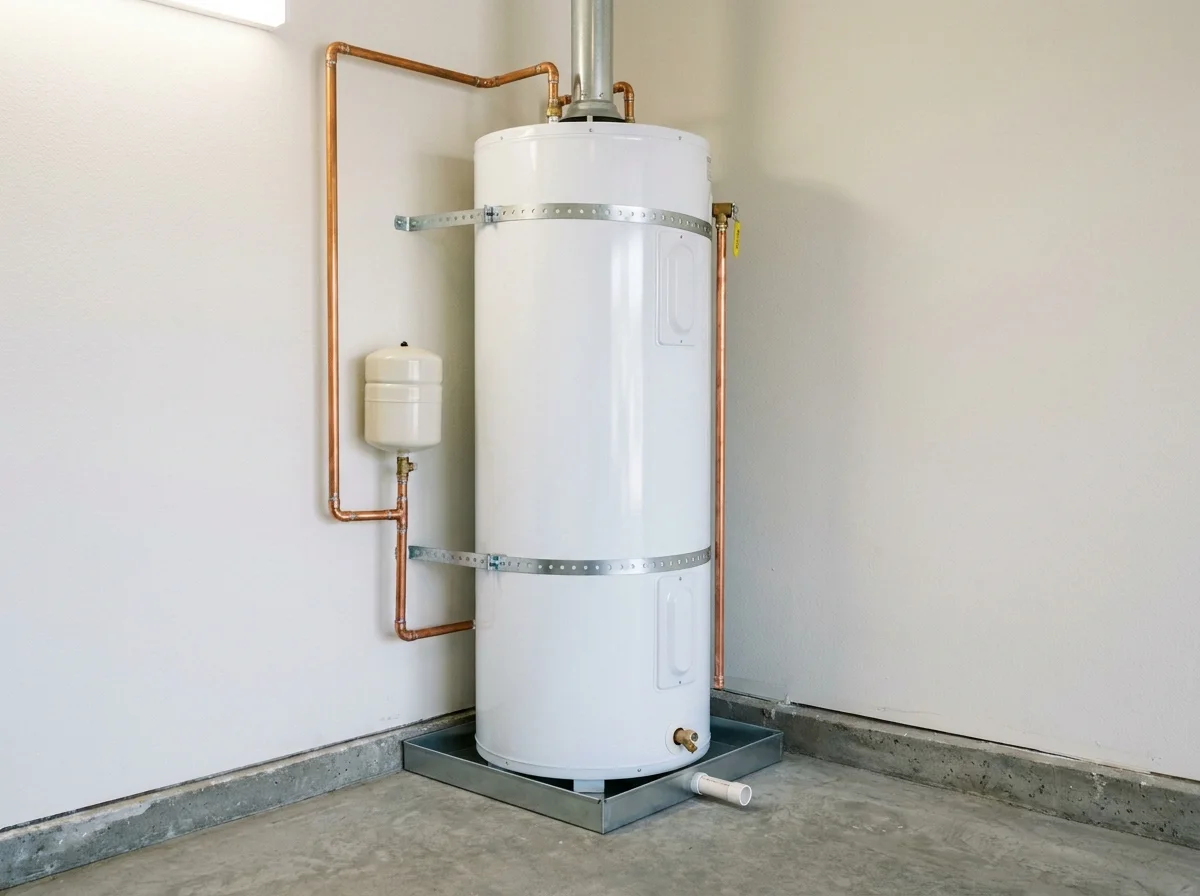 New tank water heater with seismic straps, expansion tank, and drain pan