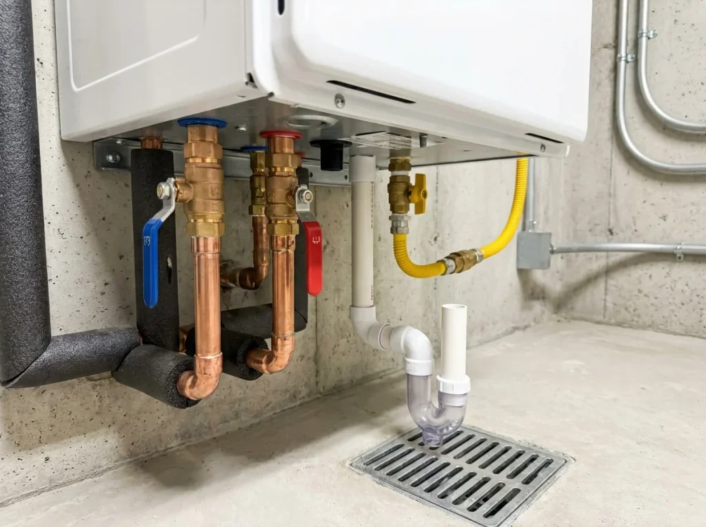 Copper isolation valves, gas line, and condensate drain beneath a wall-hung tankless water heater