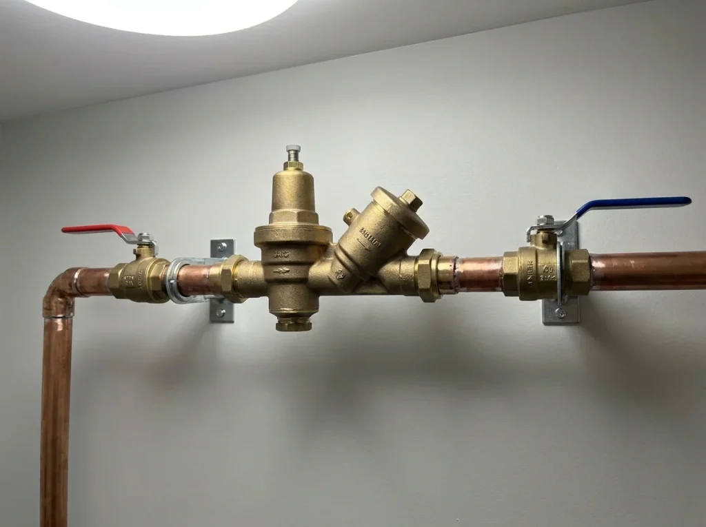 Brass check valve and regulator train plumbed in new copper between red and blue handled isolation ball valves, anchored to the wall with support brackets