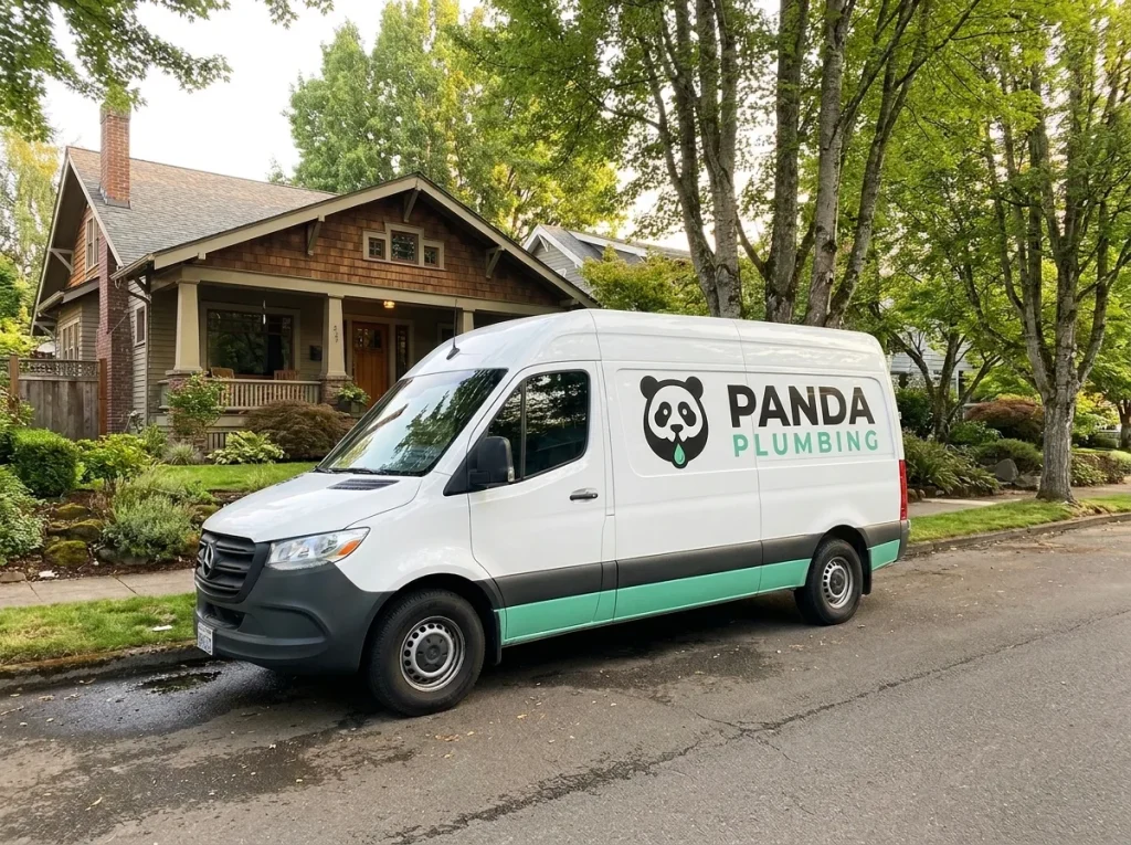 Panda Plumbing service van parked on a quiet residential street