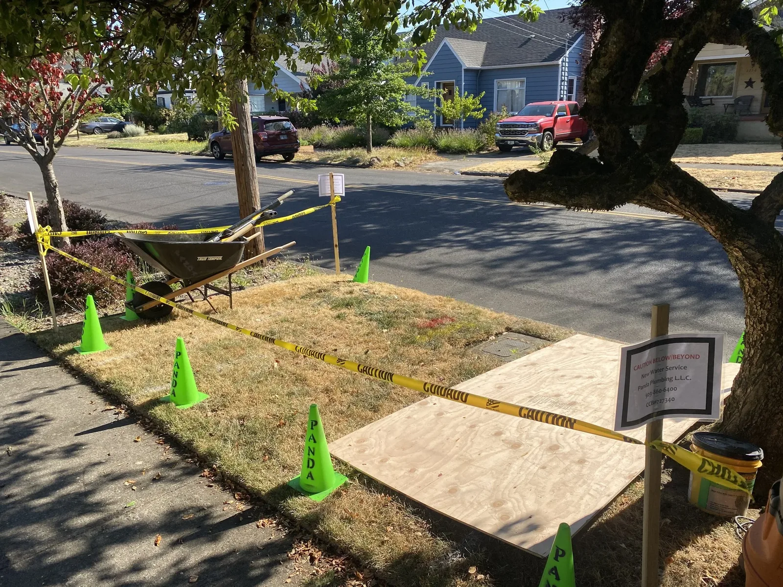Actual Panda Plumbing jobsite with green cones, caution tape, and ground protection during a water service replacement