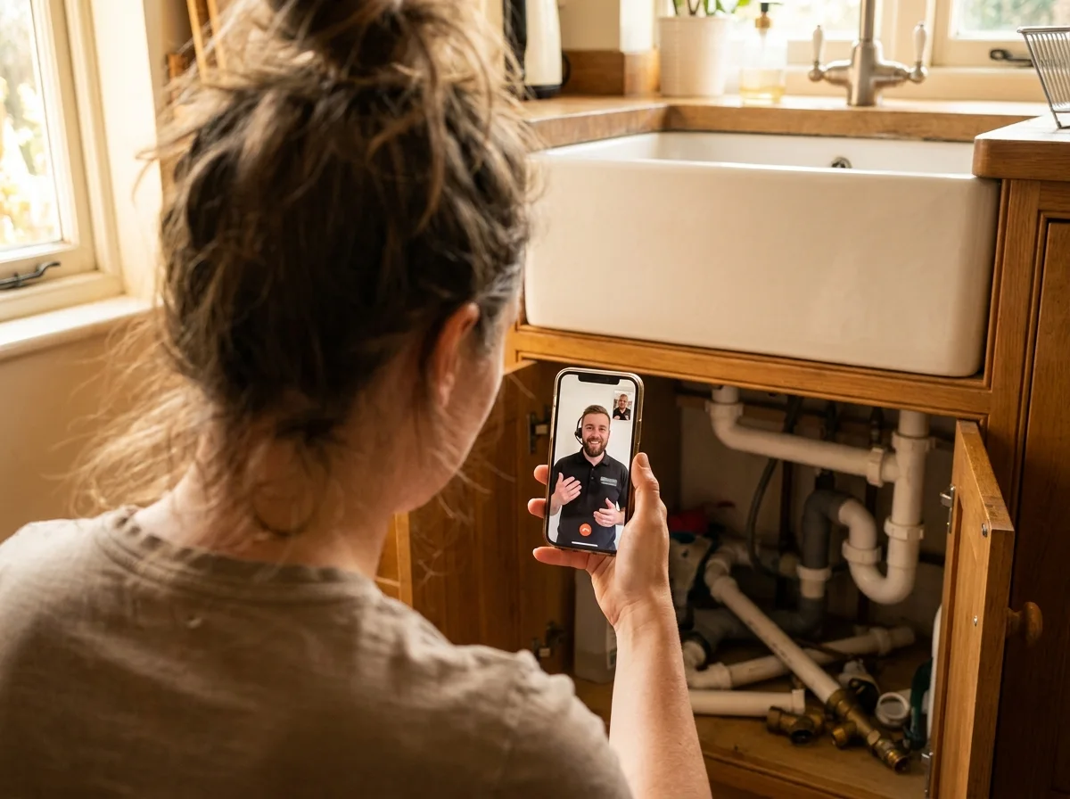 Homeowner on a live video call with a Panda Plumbing journeyman before dispatch
