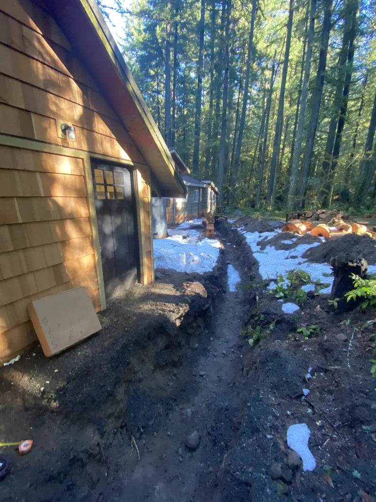 New water line trenched by Panda Plumbing through a wooded property toward a cedar-shingled cabin